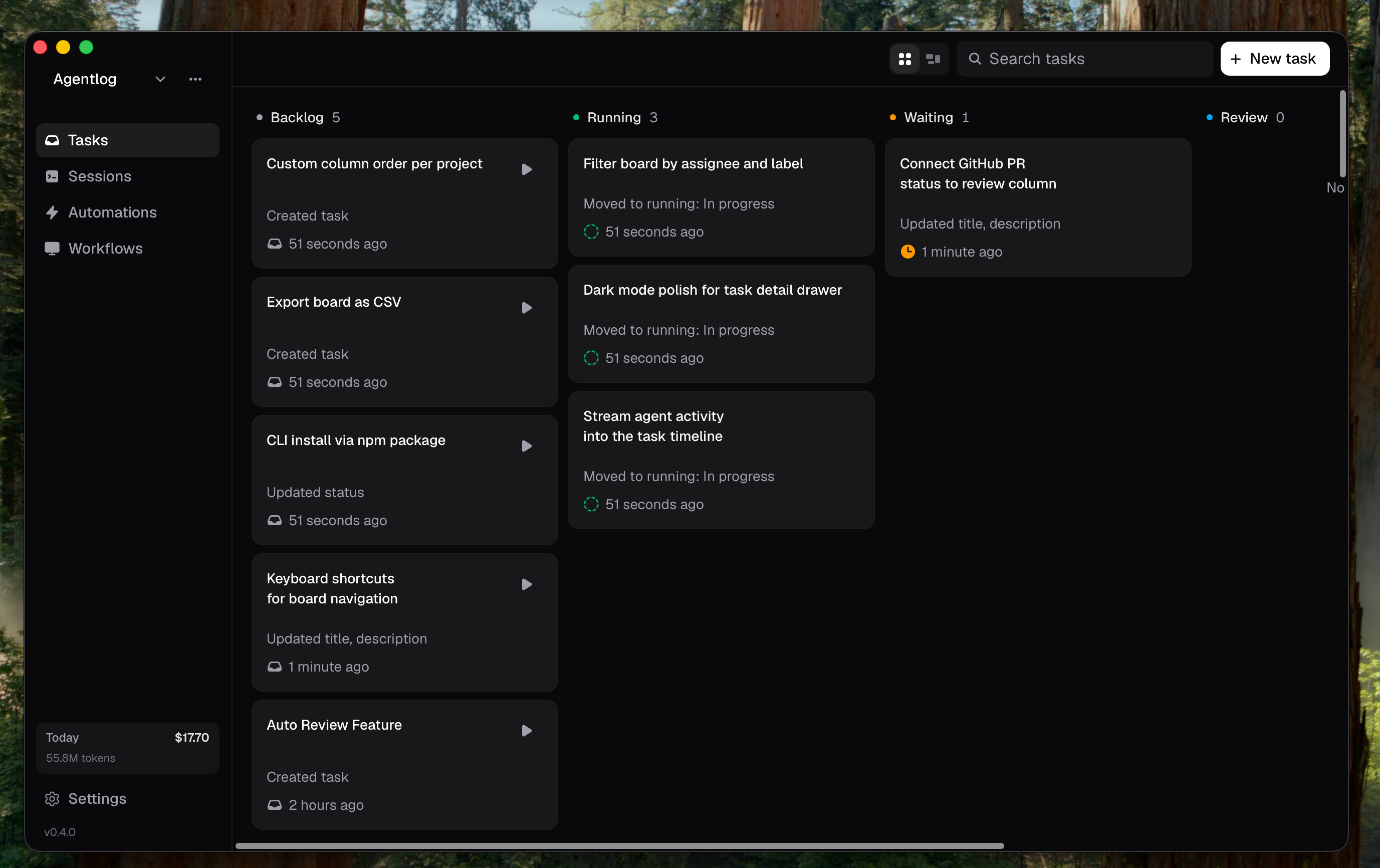 Agentlog task board screenshot